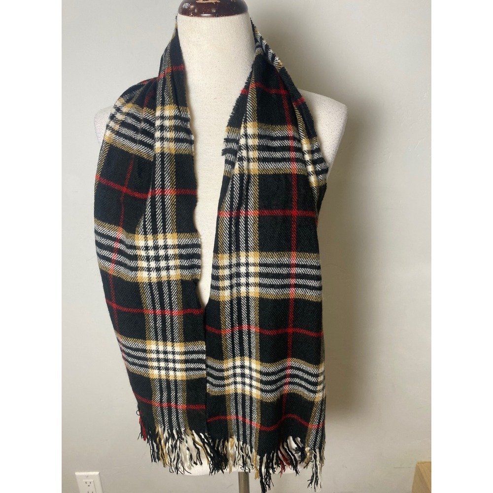 Vintage Black Red Tan Plaid Acrylic Fringe Scarf RN 121545 Classic Tartan Wrap